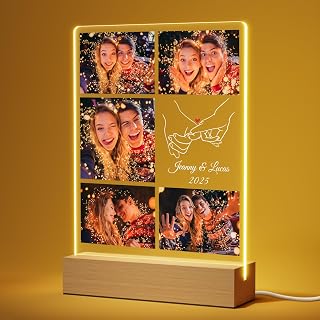Personalized Christmas Gifts for Boyfriend Girlfriend Him Her, Customized Anniversary Plaque Gifts for Women Couple Wife, Custom Acrylic Picture Frame with LED Light for Husband