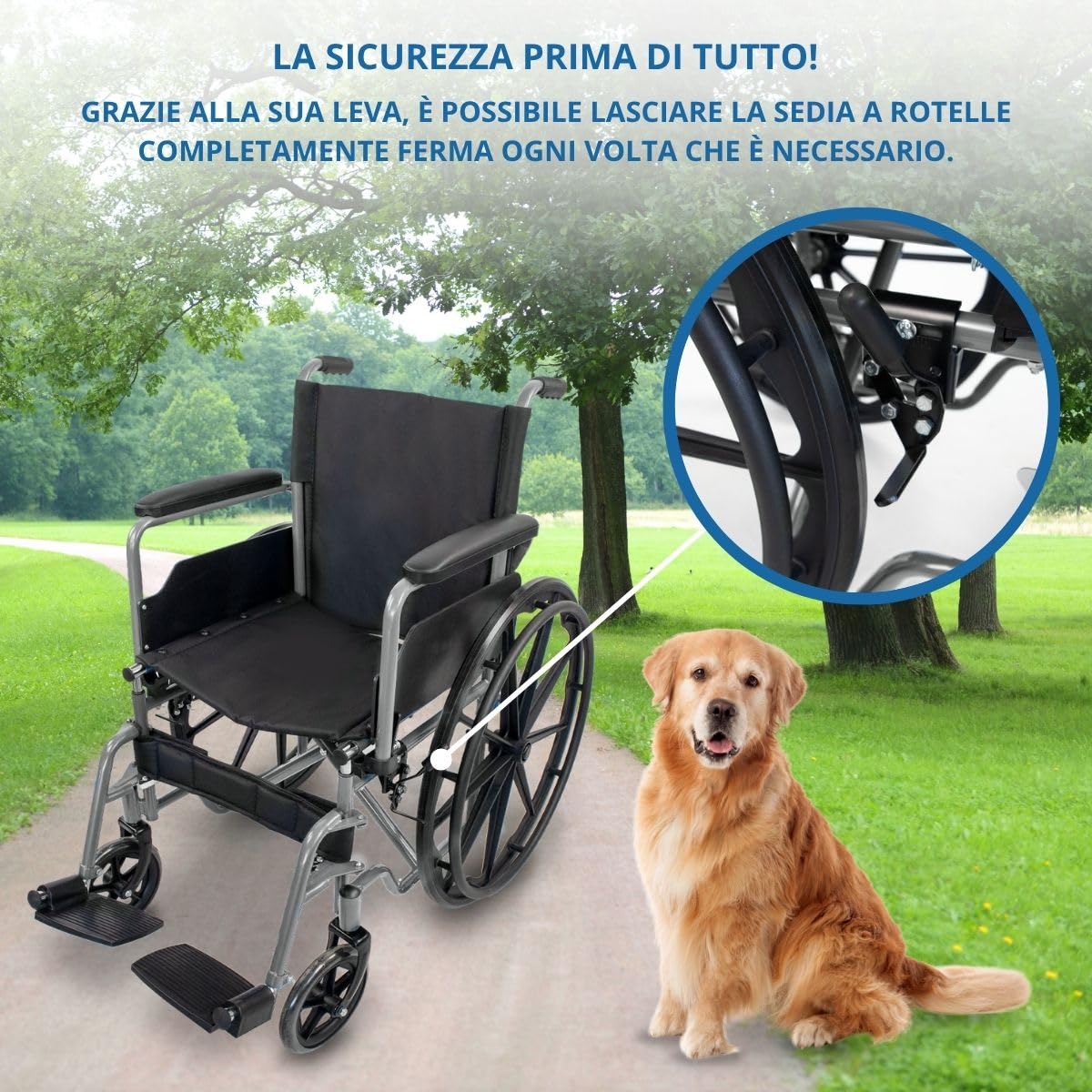 Mobiclinic®, Sedia a rotelle pieghevole, Semovente, Marchio europeo, Robusta, Seduta 46cm, Poggiapiedi e braccioli pieghevoli rimovibili, Leva del freno, Ruote sgancio rapido, Argento, Marsella