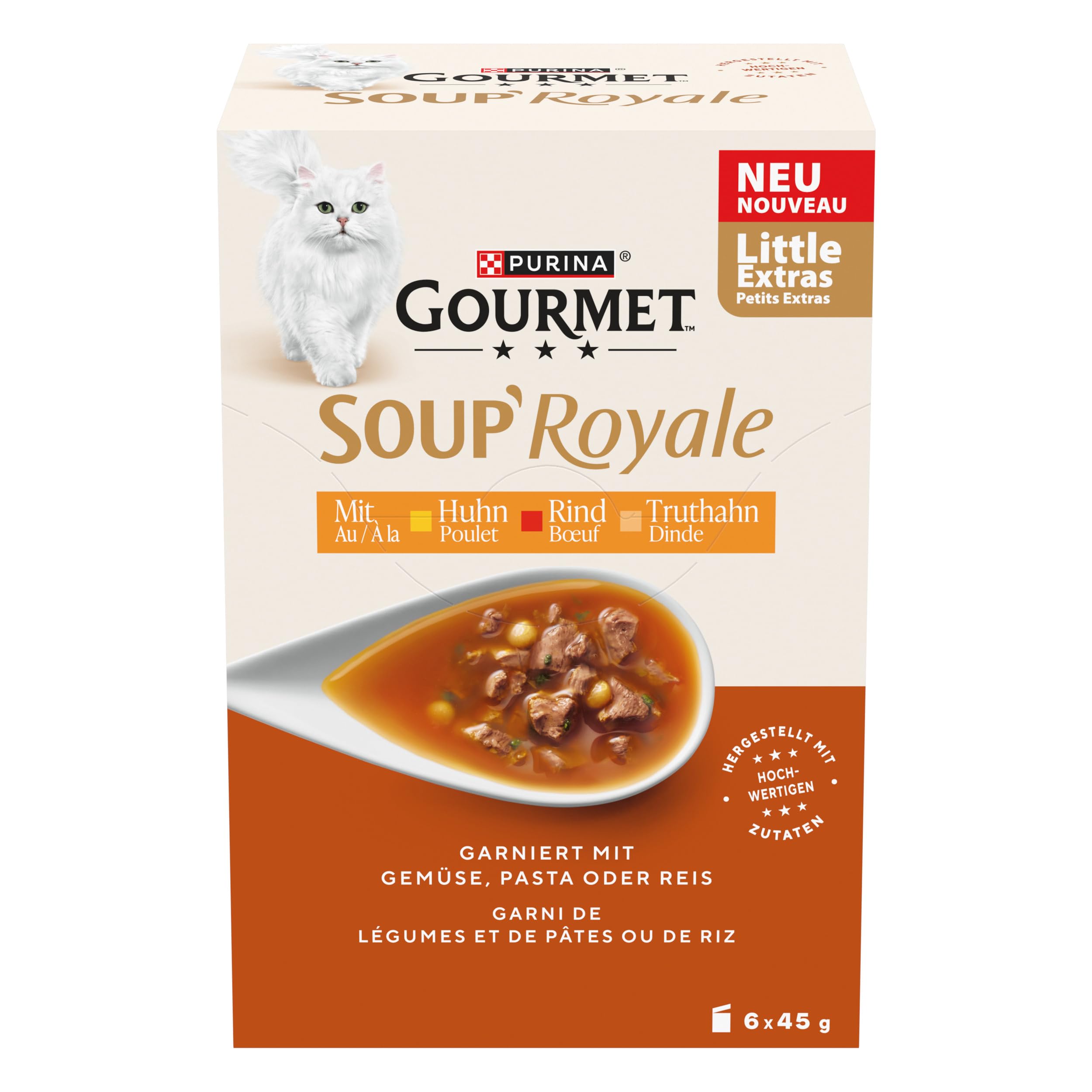Gourmet Soup Royale Katzensuppe mit Rind, Huhn oder Truthahn, Ergänzungsfuttermittel für ausgewachsene Katzen, 4er Pack (6 x 45g) - 1