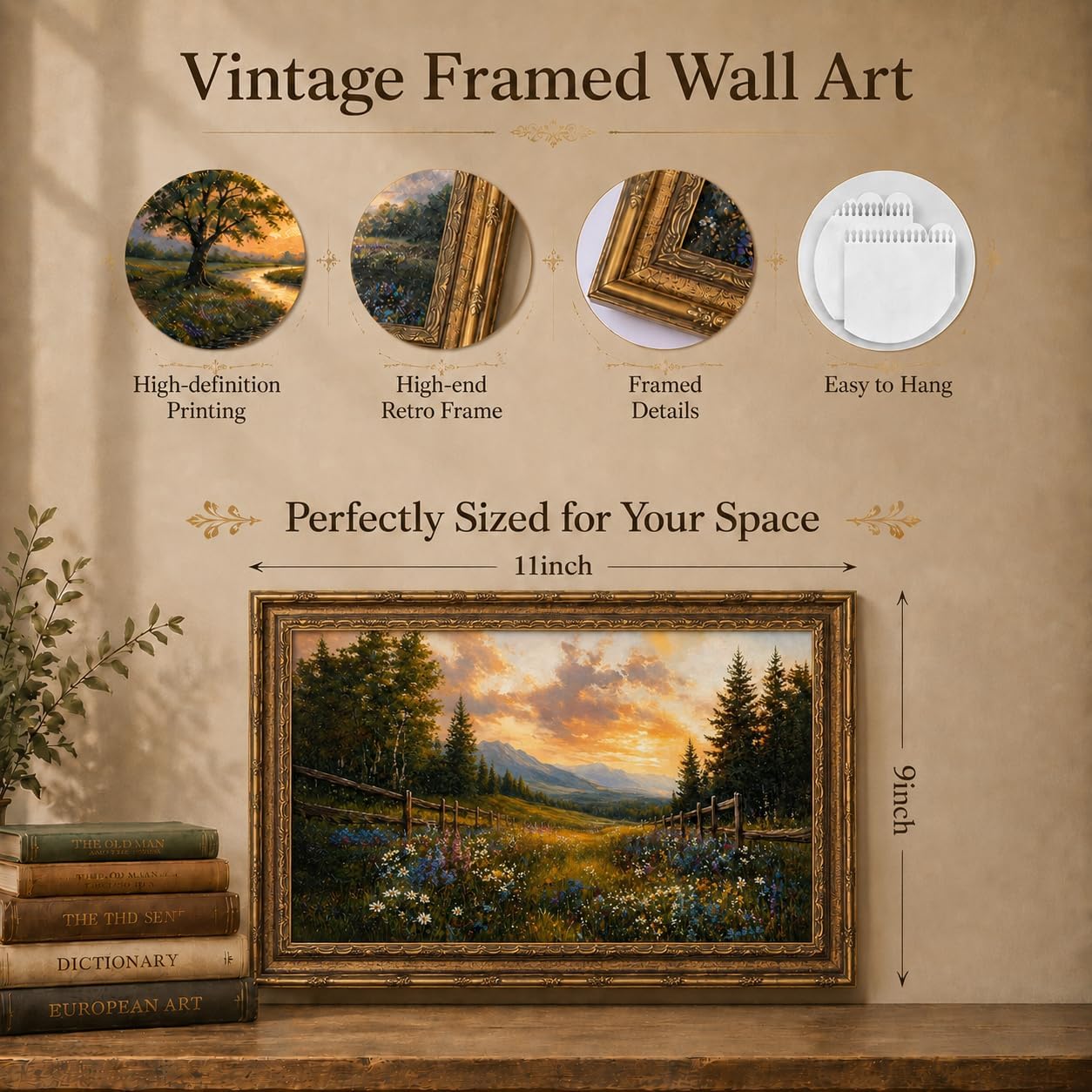 NDEINALF Vintage Wall Art Framed, Wildflower Mountain Sunset Landscape Canvas Print, Gold Framed Nature Painting, Aesthetic Wall Decor for Living Room Bedroom Home, 9x11 Inch image 2