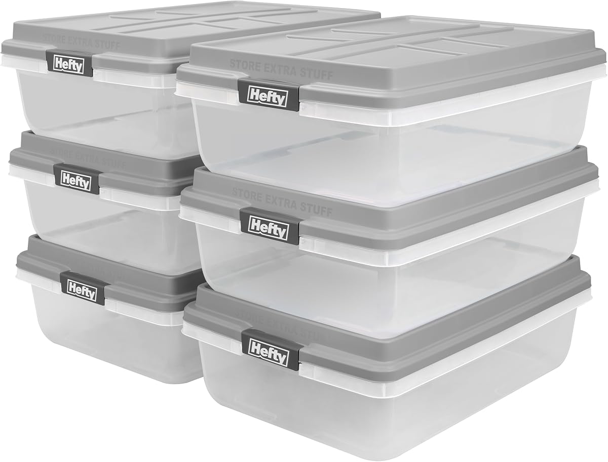 Hefty 40 Qt Hi-Rise Storage Bin with Lid, Stackable Plastic Storage Container, Organizer for Home, Garage & Closet, 6 Pack, Gray