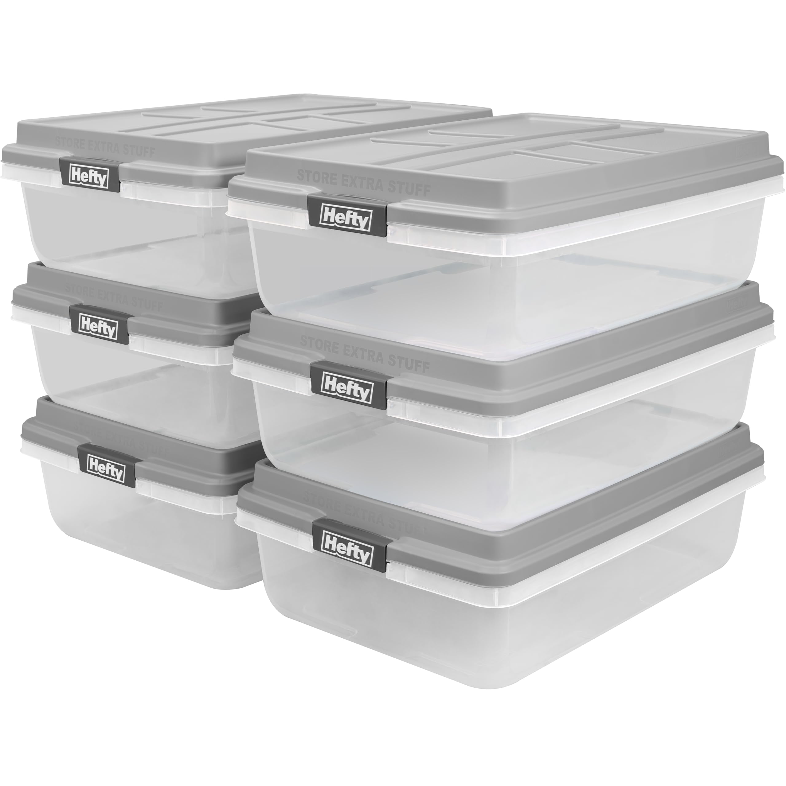 Hefty 40 Qt Hi-Rise Storage Bin with Lid, Stackable Plastic Storage Container, Organizer for Home, Garage & Closet, 6 Pack, Gray