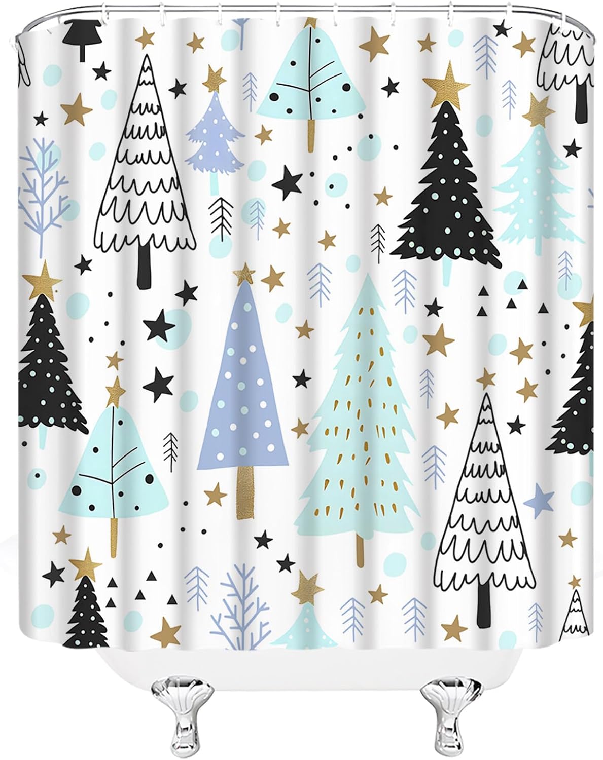 Christmas Extra Long Shower Curtain Xmas Tree Pine Forest Snowflake Star Winter Holiday Festival Blue Teal Black Fabic with Hooks for Bathroom Decor,70x84 Inch