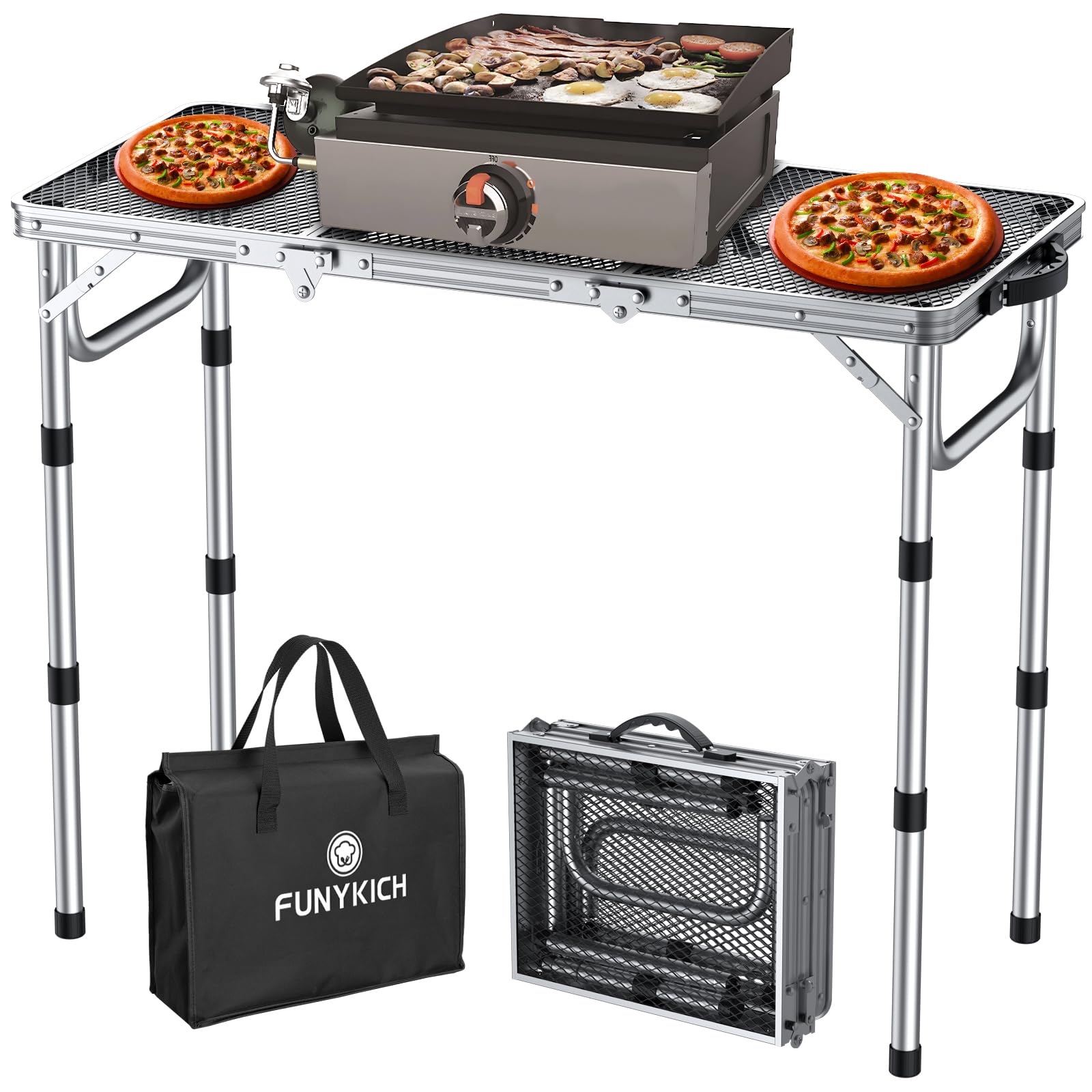 FUNYKICH Tragbarer Grilltisch 87 x 40cm,Campingtisch Klappbar mit 3 Höhen Verstellbarer(26/48/70cm) Klapptisch mit Mesh Desktop,Leicht zu montieren Multifunktionstisch für BBQ Picknick Camping, Silber
