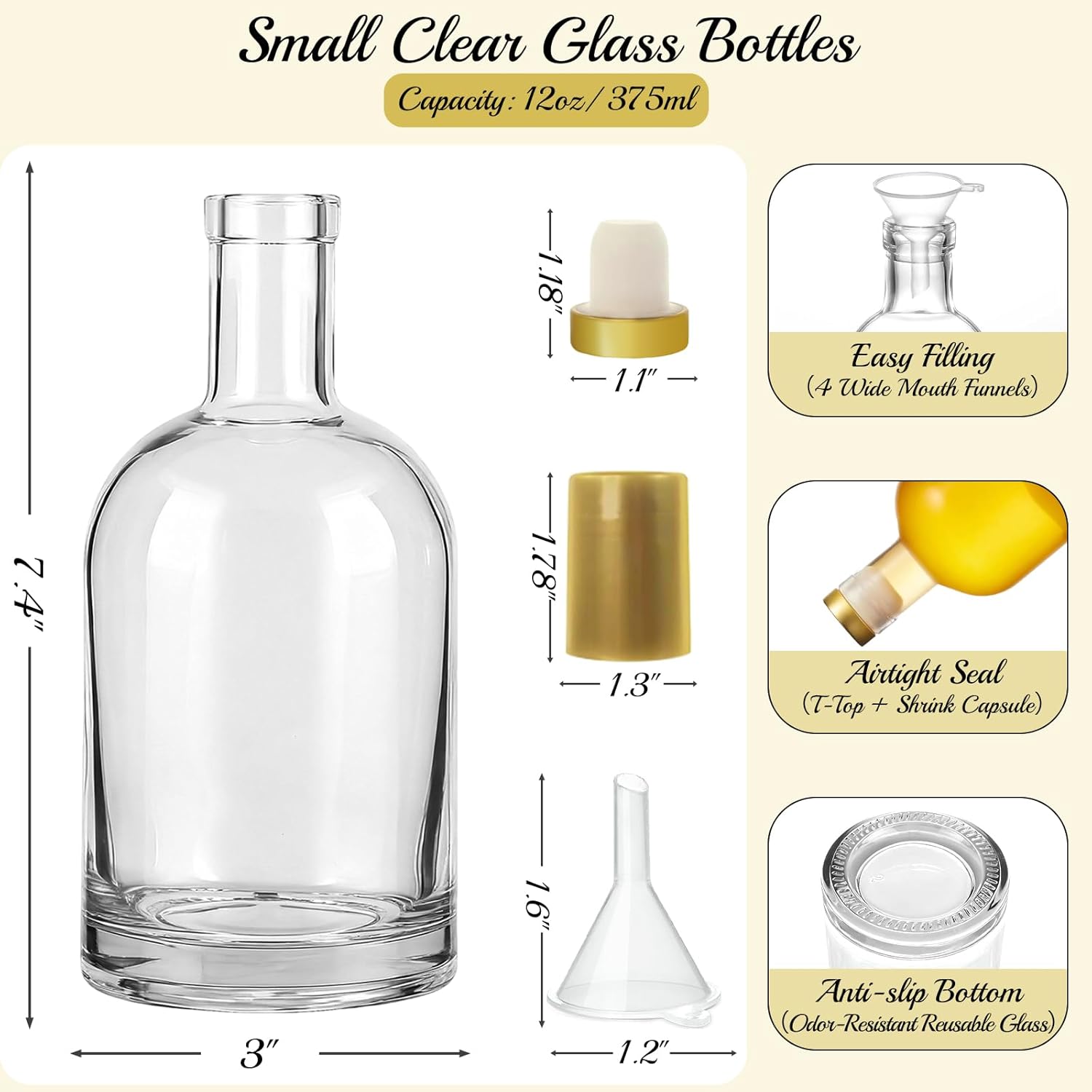 12 oz/375ml Clear Glass Bottles with Cork, 12 Pack Clear Liquor Bottles, Thick Heavy Base Airtight Wine Bottles for Beverages, Liquor, Whiskey, Oil, Vinegar, Wedding Favors & Crafts