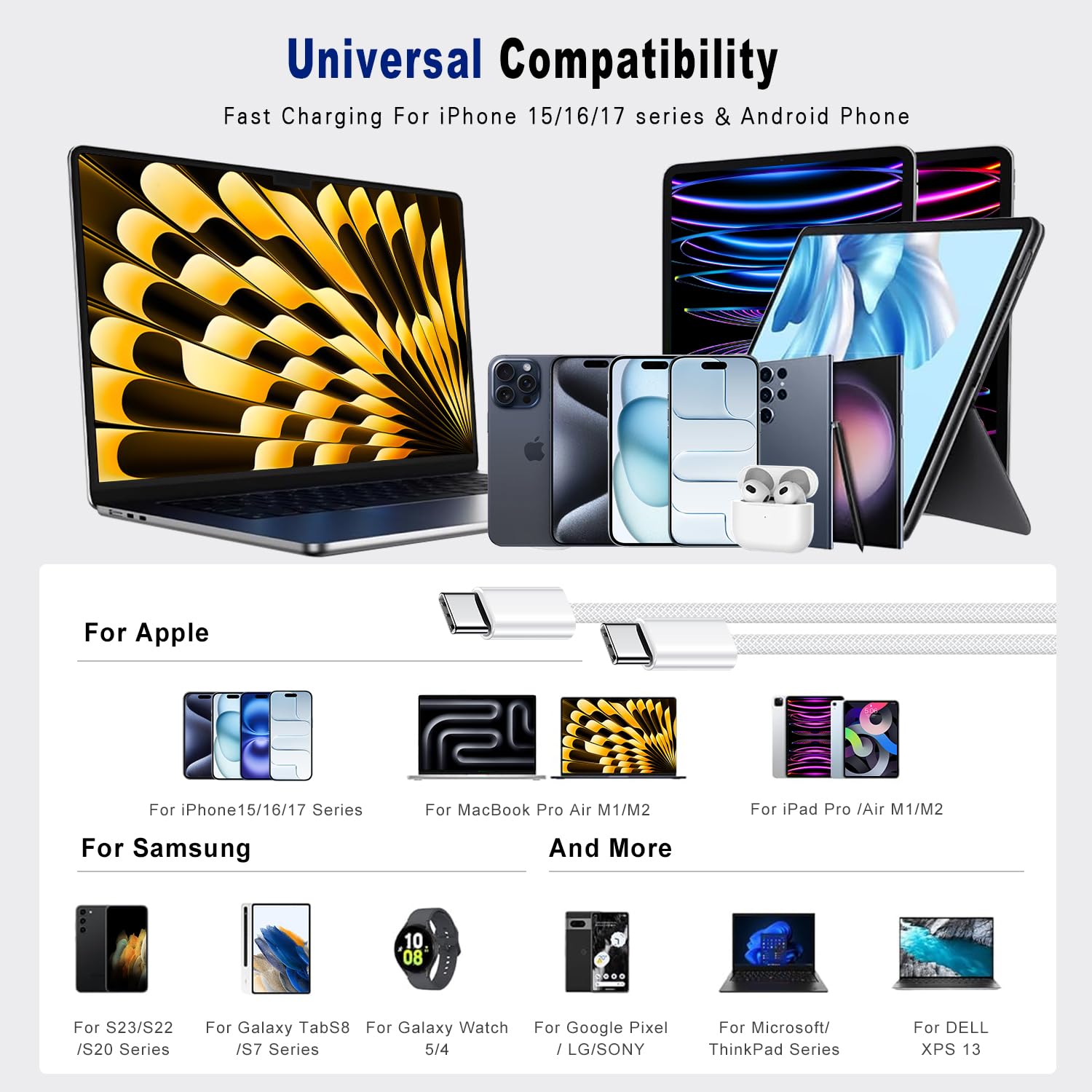 Cable de carga USB C a C, paquete de 2 cables USB C de carga rápida de 10 pies y 60 W, cable trenzado tipo C para iPhone 17/17 Air/16/15 Series (Pro/Max/Plus), iPad Pro 2020, iPad Air 4, Samsung
