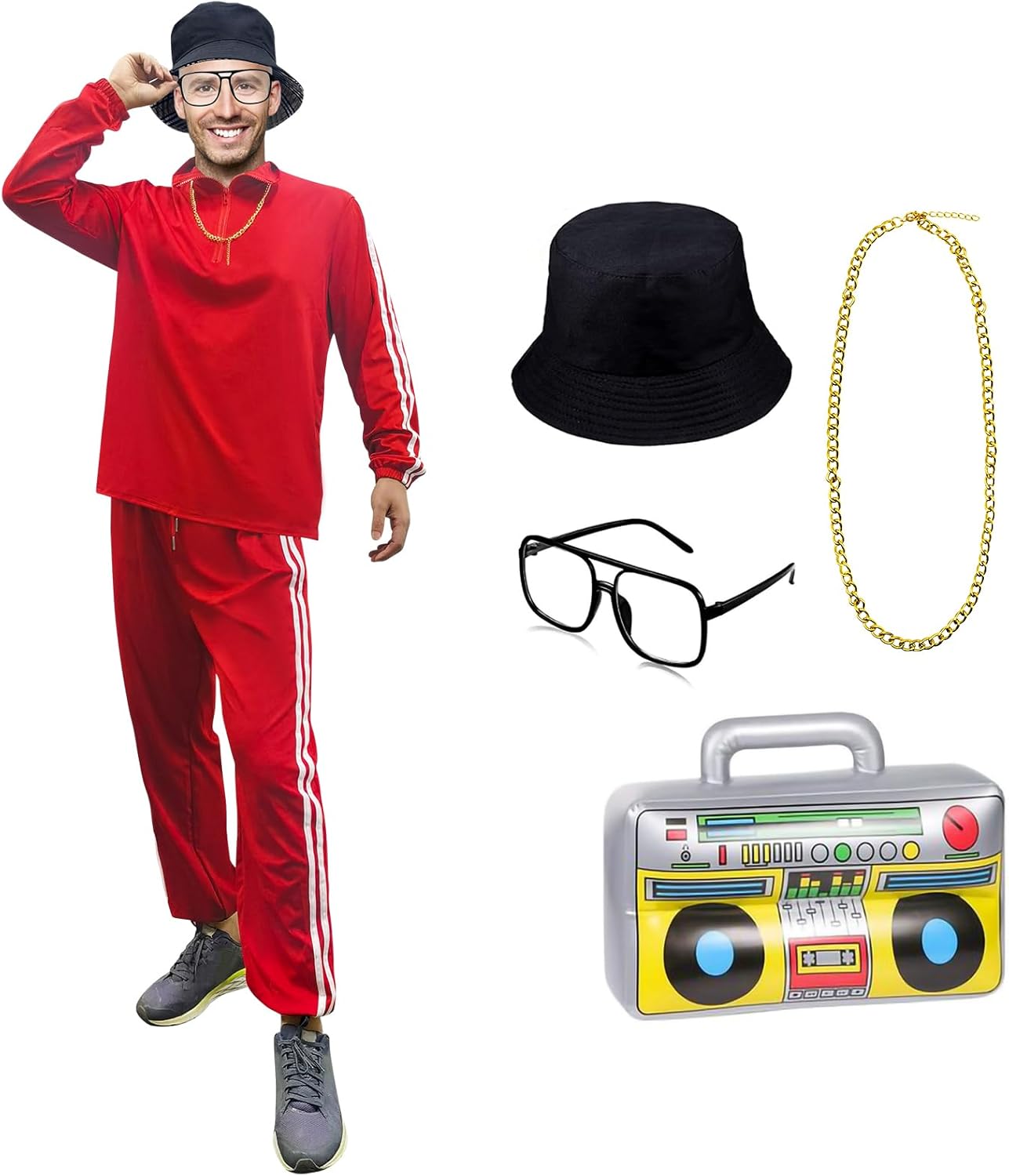 80s Costumes for Men,Men's Halloween 80s 90s Hip Hop Costume Outfit,80s Retro Cool Rapper Costume Outfits X-Large Red