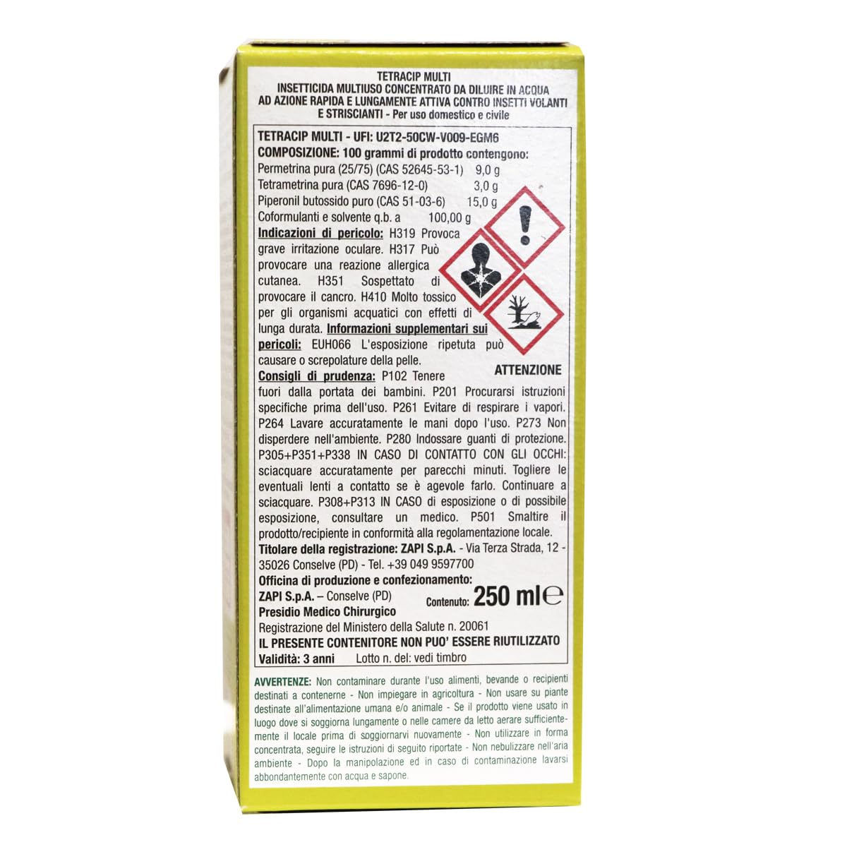 Zapi Garden | Tetracip Multi - Insetticida Multi Insetto, Concentrato Contro Mosche, Zanzare, Blatte, Formiche, Vespe e Nidi, da Esterno, 250ml