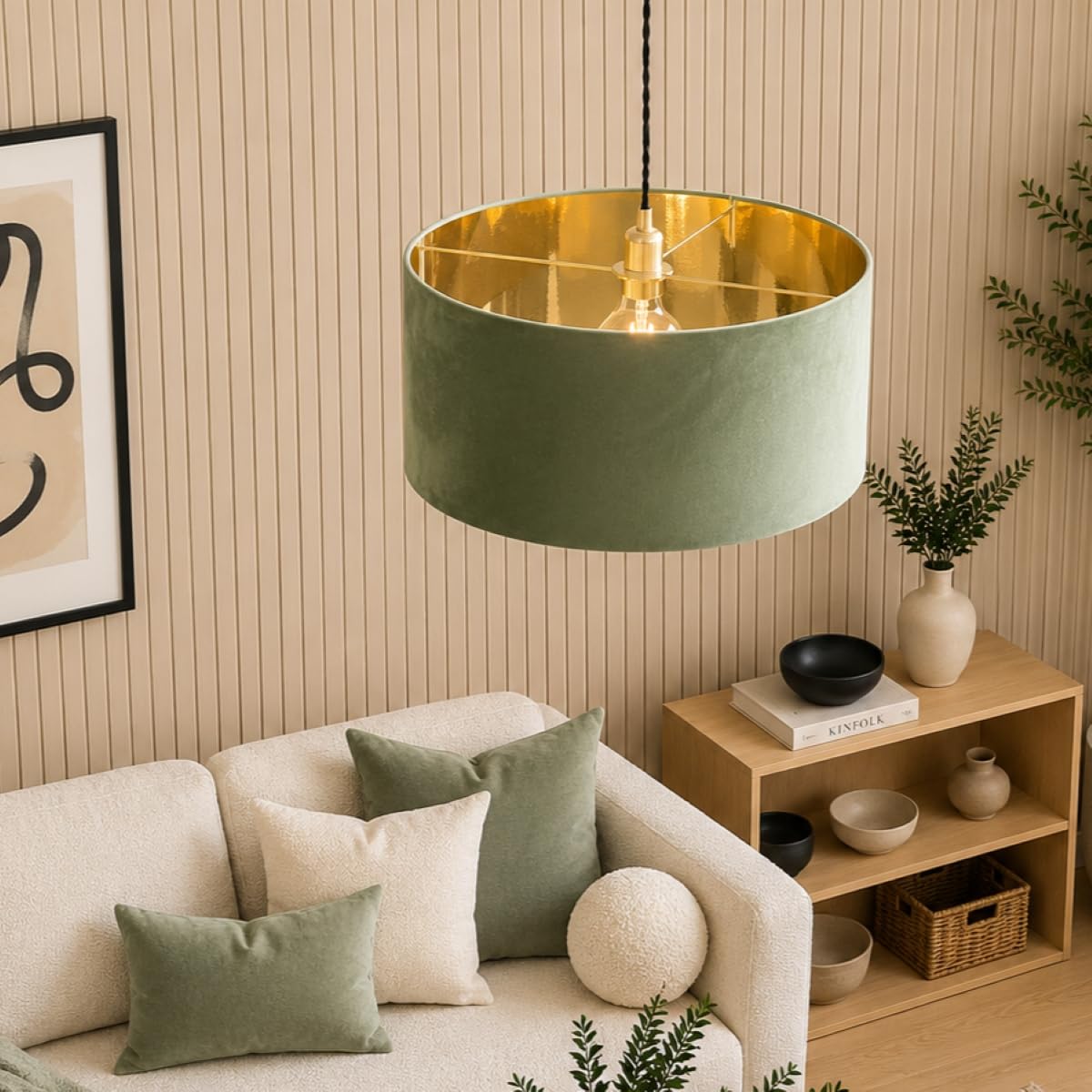 CGC Lighting Indoor Ceiling Lampshade Large Velvet Fabric Lamp Shade 45cm Diameter Gold Reflective Inner Drum Pendant Table Lamp Bedroom Dining Room Lounge (Olive Green & Gold)