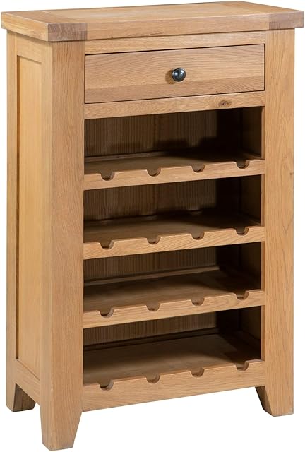 Hallowood Furniture Cotswold Oak Wine Rack with 1 Drawer  Wine Table for Living Room in Light Oak Finish  Wooden Wine Cabinet with 16 Bottles Storage for Kitchen  Bottle Rack for Home Bar