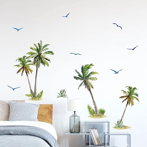 Miniatura 3 de SUPERDANT Pegatinas de pared de palmera de acuarela, árbol de coco, pájaros, plantas tropicales, calcomanías de pared para dormitorio, sala de