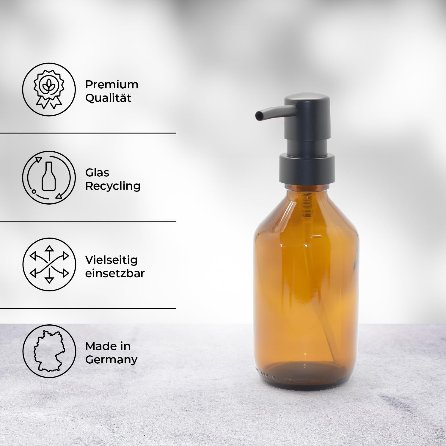 8 dispenser di sapone da 250 ml in vetro – bottiglia di vetro ambrato |Ø 6,5 x 18 cm – con testa pompa nera | elegante dispenser per sapone a mano e dispenser – ideale per cucina, bagno e doccia