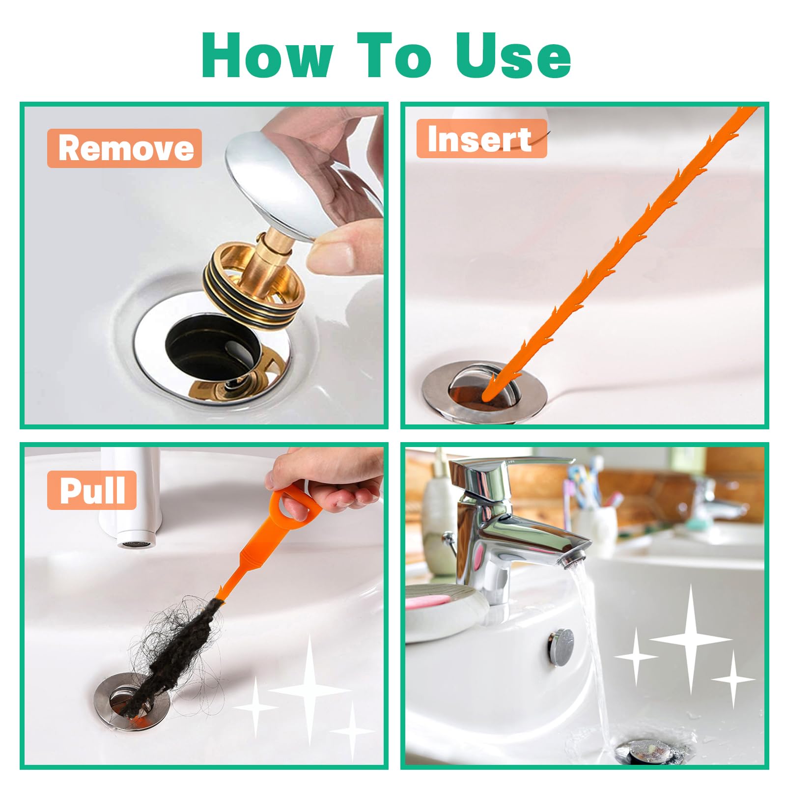 Removedor de obstrucciones de drenaje de pelo de serpiente, paquete de 4 herramientas para desatascar fregadero de serpiente de ducha con embalaje exquisito (naranja)