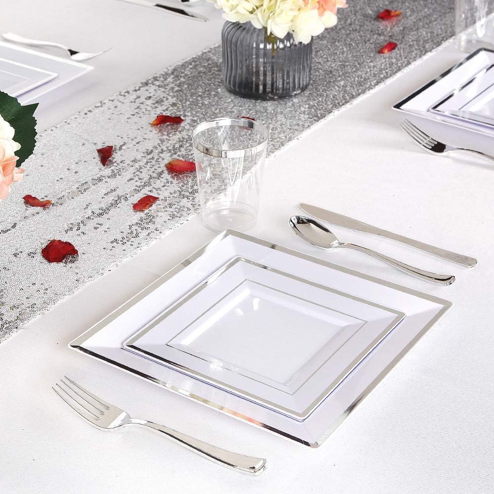 WDF Silver Plastic Dessert Plates with Plastic Forks - 6?100 Square Disposable Appetizer Plates Small Plates Cake Plates with Silver Rim &100 Small Appetizer Forks for Baby Shower Spring Birthday - Image 3