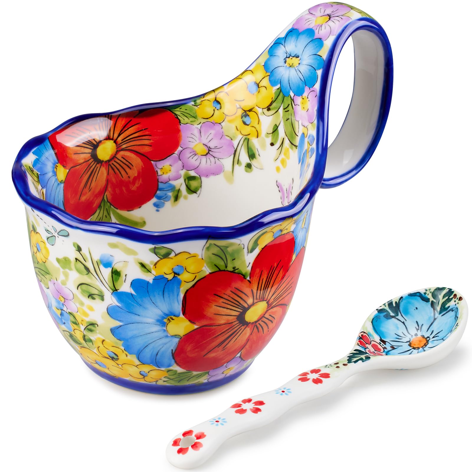 Cteaffee Ceramic Soup Cup and Soup Bowl With Handles - 18 Ounce With Spoon,Handpainted Decorative Oversized Porcelain Bowl,for soup, Ice Cream, Stew, Microwave and Dishwasher Safe (White Red)