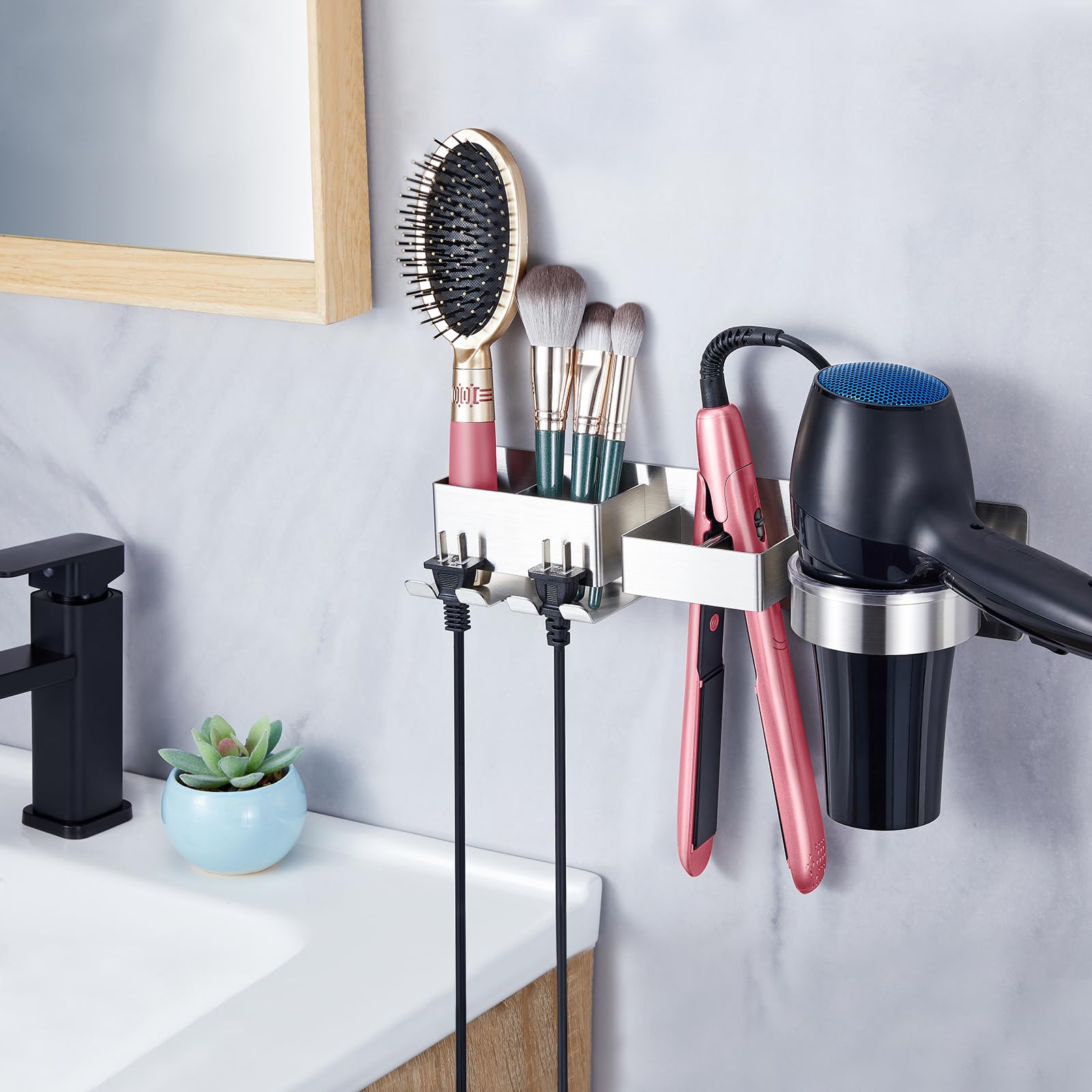 Porta phon e piastra, Porta phon da muro, Porta piastra per capelli, Porta asciugacapelli con 2 Scomparti E Supporto per Cavo, in acciaio inox Porta Phone Bagno da Muro, Supporto per asciugacapelli