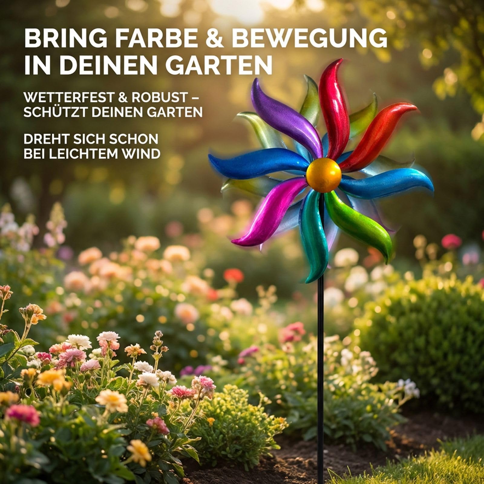 Kremers Schatzkiste Windrad Garten Metall bunt kugelgelagert Windspiel Ø 30 cm / 120 cm mit Erdspieß | Wetterfeste Gartendeko für Beet, Rasen & Terrasse | Vogelabwehr