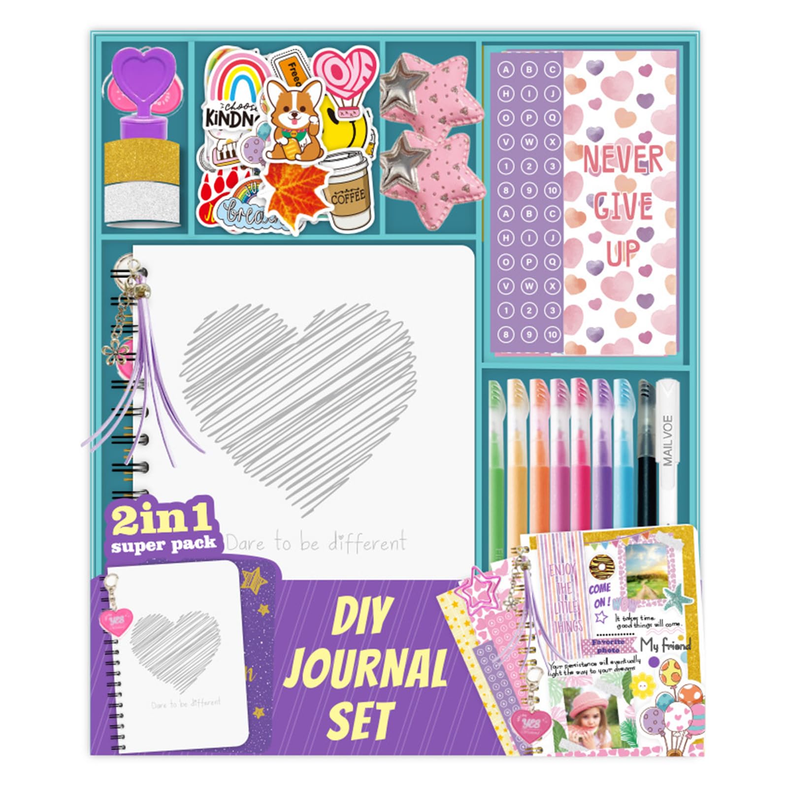 Fournitures de journal imaginatives avec autocollants pour carnet de notes, stylos décoratifs marque-pages pour 4 à 12 ans