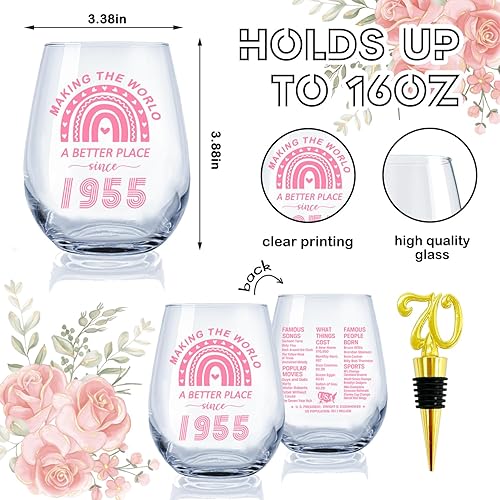 Miniatura 2 de Greatingreat 1954 Old Time Information Regalos de 70 cumpleaños para mujeres y hombres  Copa de vino sin tallo vintage 1954 de 15 onzas