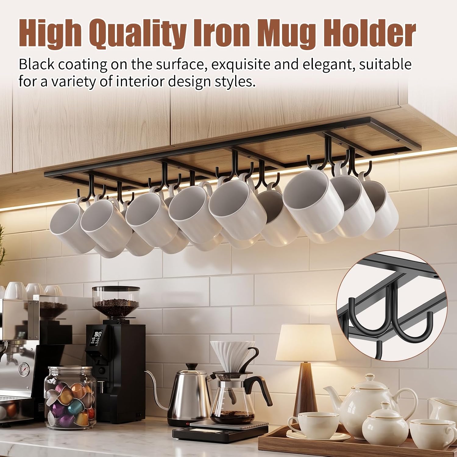 Xverycan Mug Hooks Under Cabinet, Large Capacity Mug Rack with 16 Hooks
