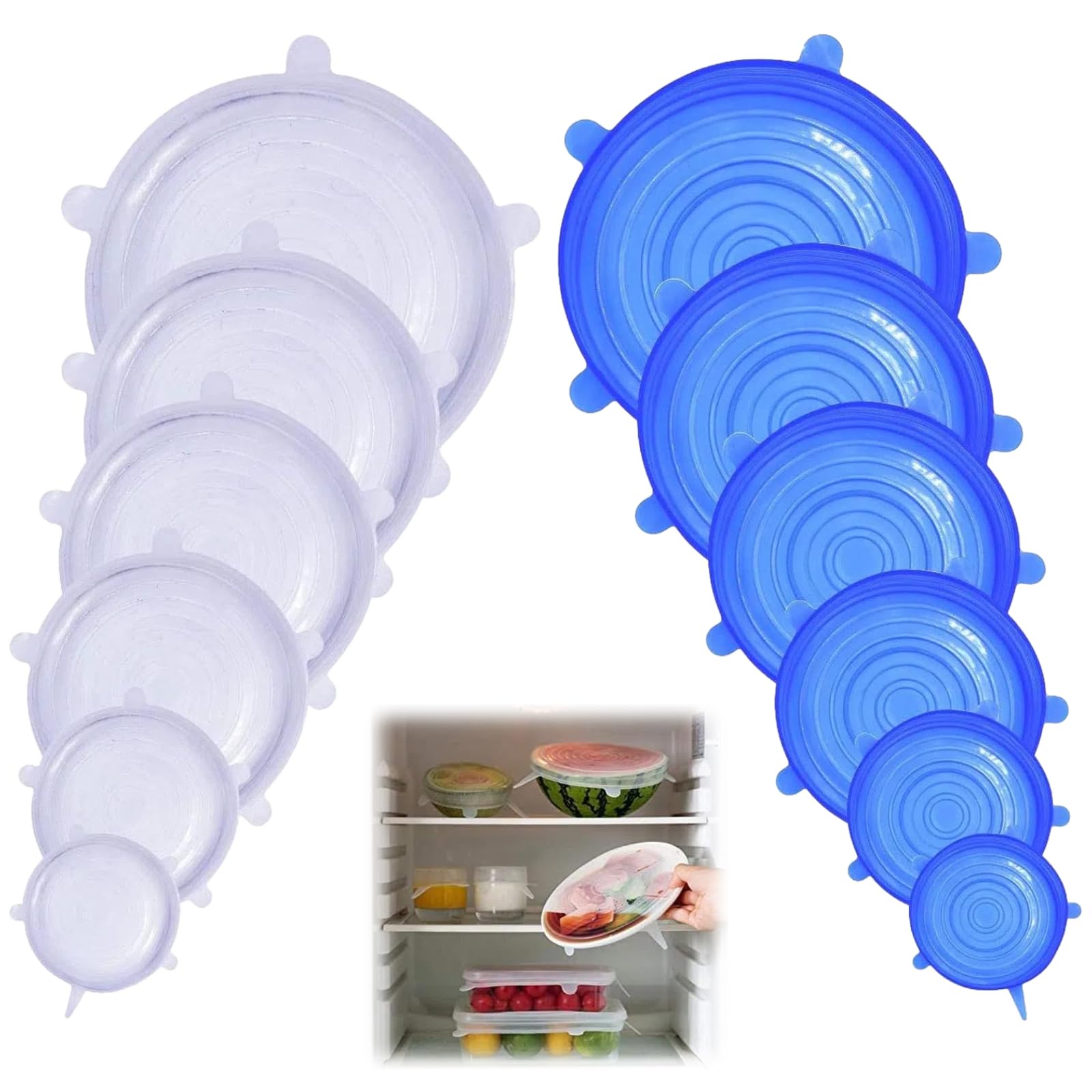 Kiqawee Blue 12 Pack Reusable Silicone Lids, Stretchable Food Covers For Bowls And Containers, Silicone Lids Food Covers, In 6 Sizes
