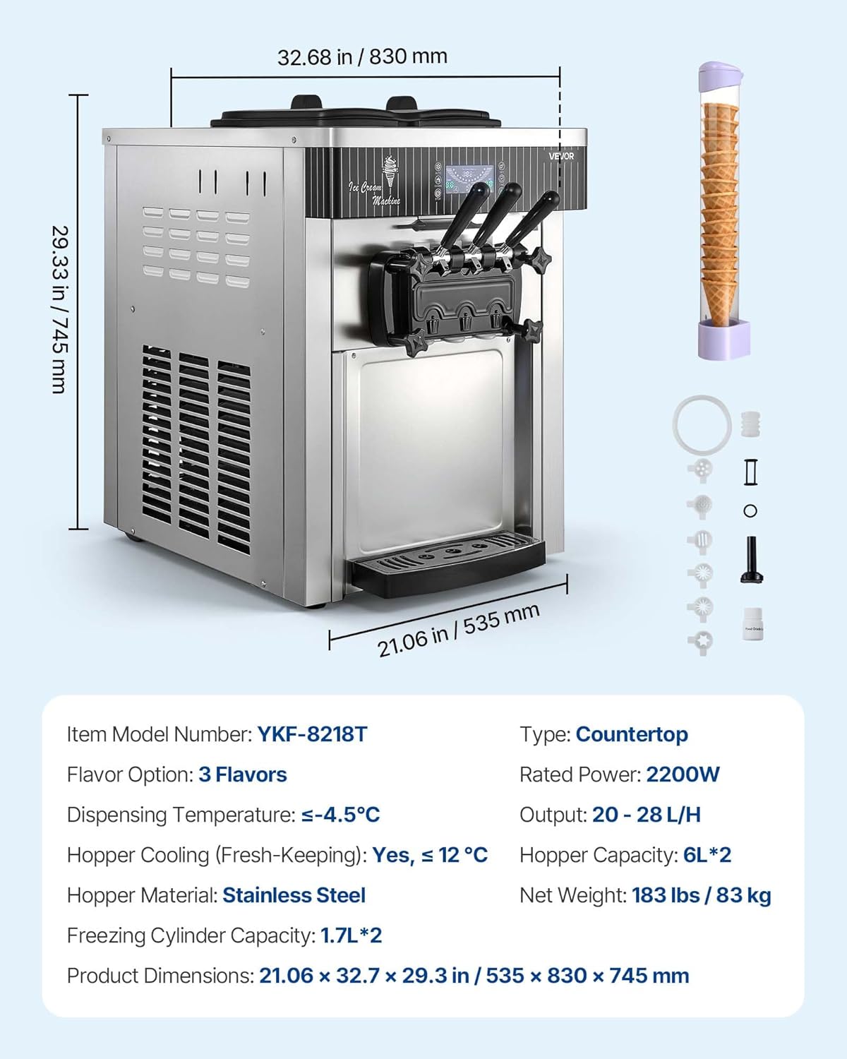 VEVOR Commercial Ice Cream Machine, 20-28L/H Yield, 2200W 3-Flavor Countertop Soft Serve Ice Cream Maker with 2 x 6L Hoppers & Hopper Agitation, Pre-Cooling Self-Cleaning for Snack Dessert Shops