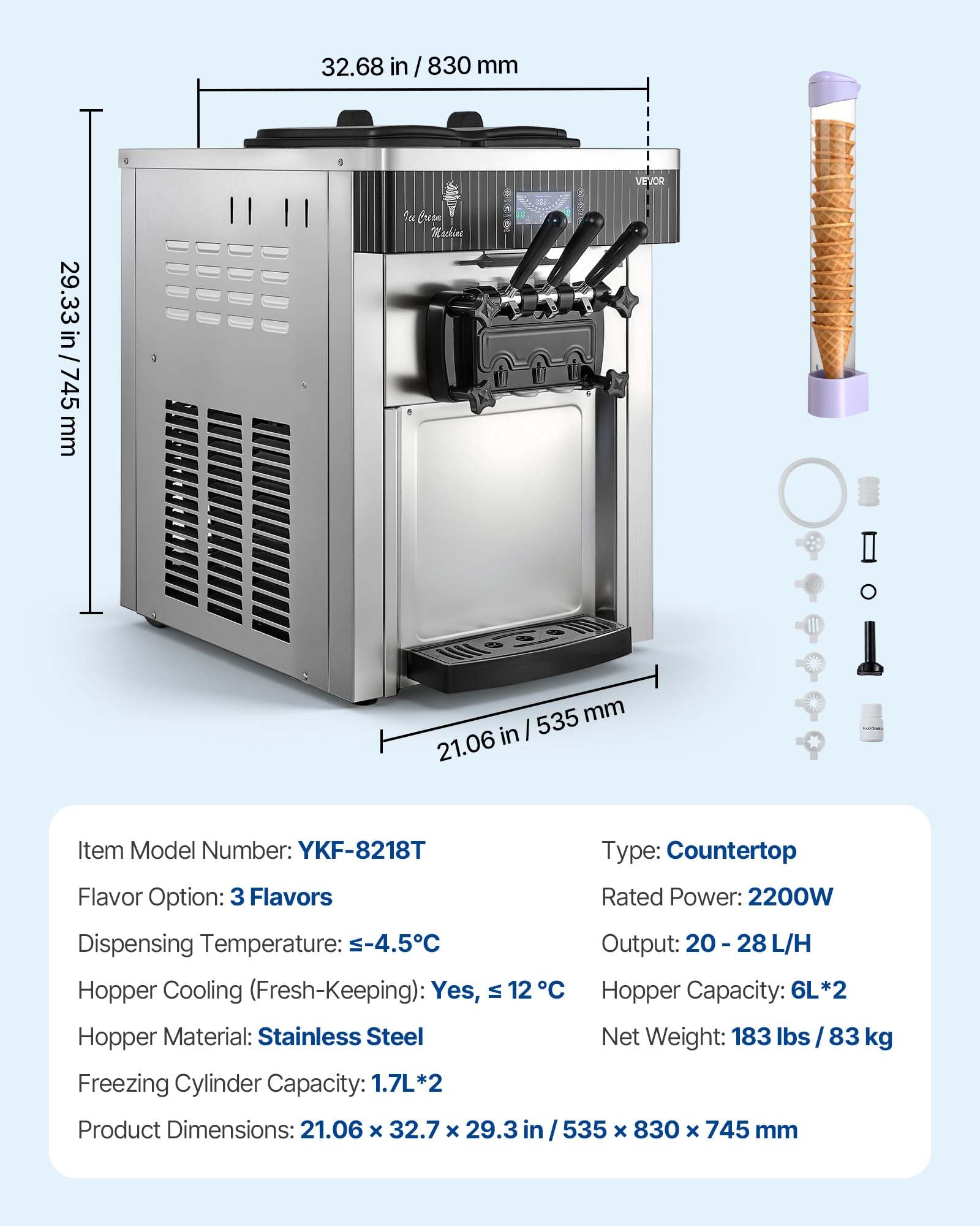 VEVOR Macchina per Gelato Soft Commerciale 2200 W da Banco Pruduzione 20-28 L/h, Macchina per Gelato Morbido Pre-Raffreddamento Autopulente Display LED Unità da Tavolo per Bar Ristorante Albergo Hotel