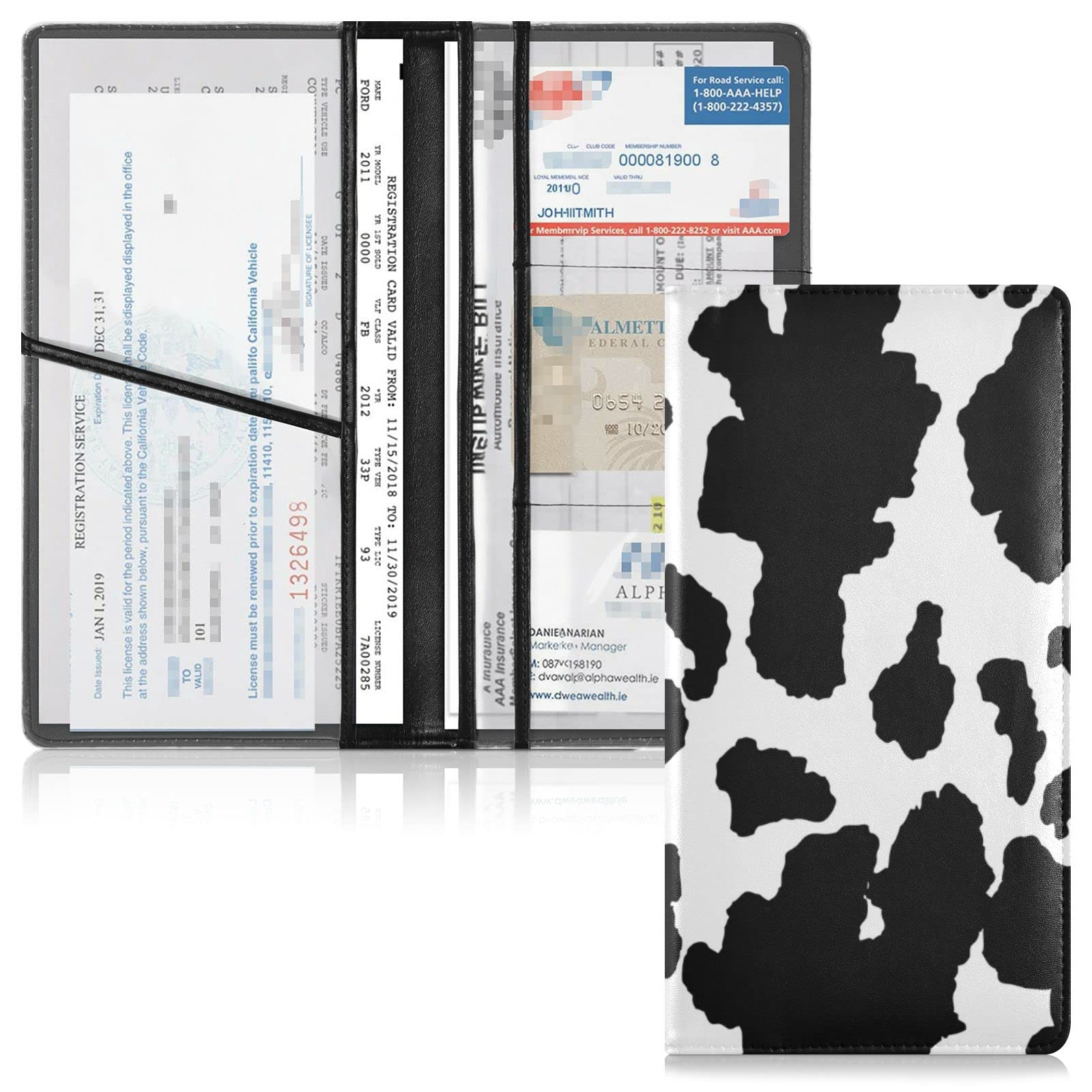 xigua Cow Print Car Registration and Insurance Holder,Leather Registration and Insurance Card Holder Vehicle Glove Box Organizer for Documents, Driver License and Cards 1