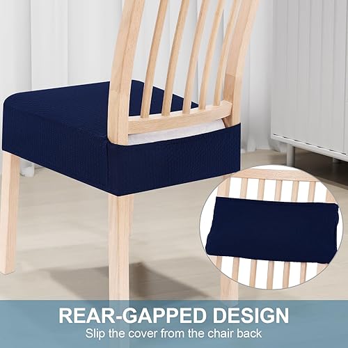 Miniatura 3 de Smiry Juego de 6 fundas de asiento elásticas de jacquard para sillas de comedor, extraíbles y lavables, sin fundas traseras, color azul federal