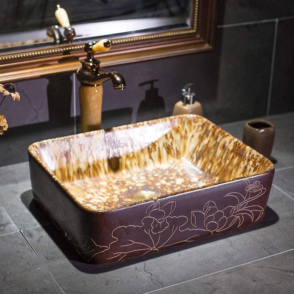 Szafka Pod Umywalkę Z Umywalką, Umywalka Łazienkowa, Umywalka Nablatowa, Prostokątna Porcelanowa Umywalka Ceramiczna W Stylu Vintage, Umywalki Łazienkowe Nablatowe, Brązowa Umywalka Łazienkowa, Umywa