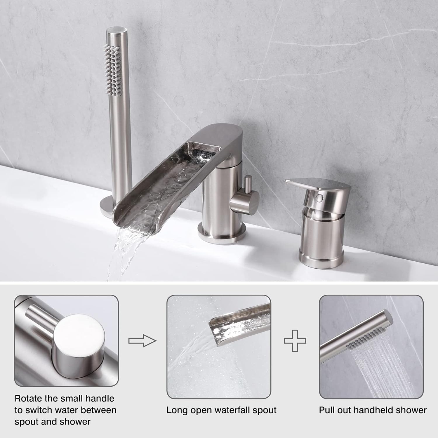 TapLong waterfall roman tub faucet installation and deck mount view