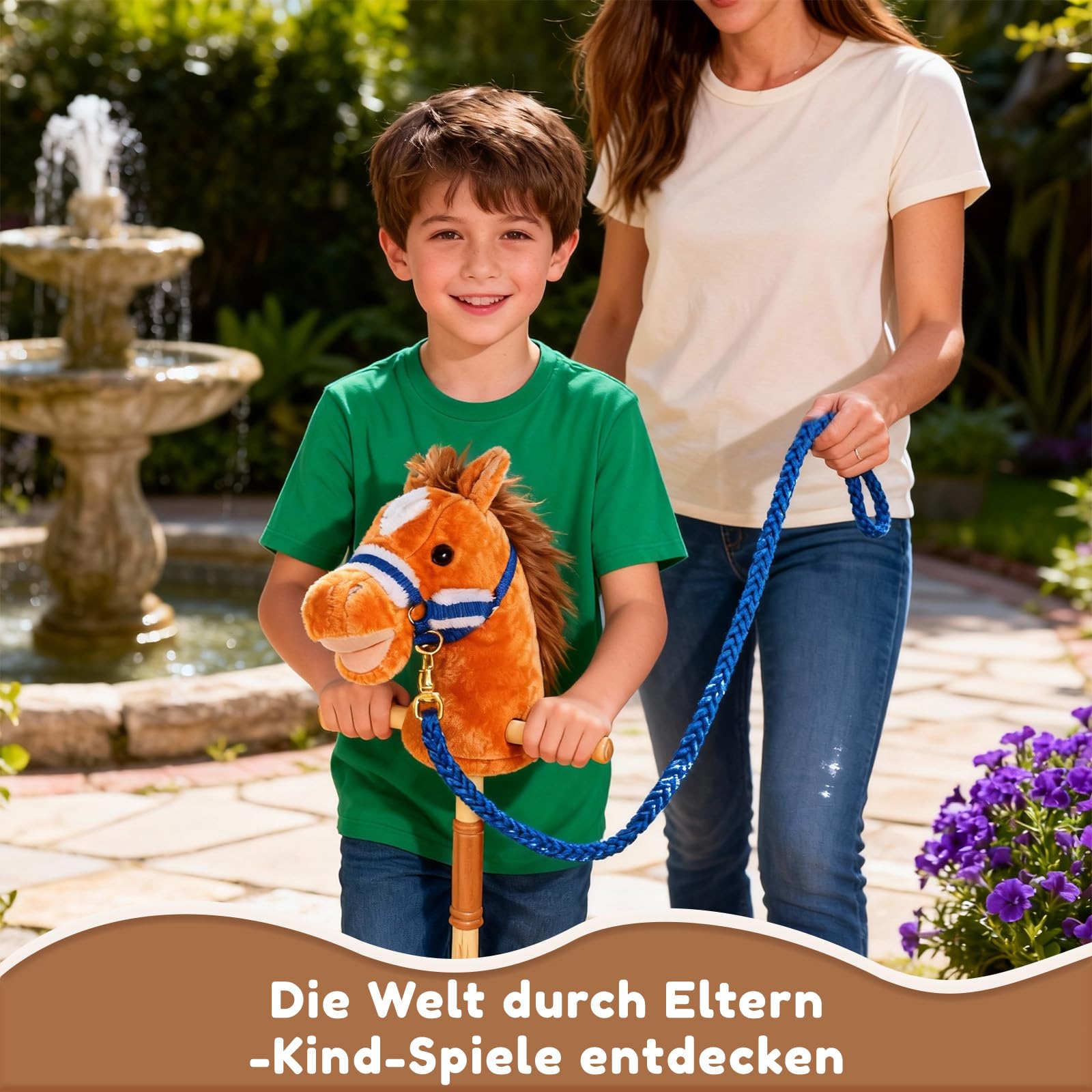 IEEILULU Hobby Horse, Steckenpferd Kinder Braun, Holzpferd für Draußen mit Hobby Horse Trense, Räder und Griffe für Garten, Geburtstag & Reitspiele (Braun)
