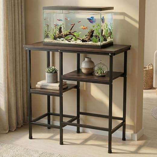 ecofynd 3-Tier Aquarium Stand for Fish Tank, Double-Layer Aquarium Table, Heavy Metal Pipe Leg and Wooden Rack Suitable fo...