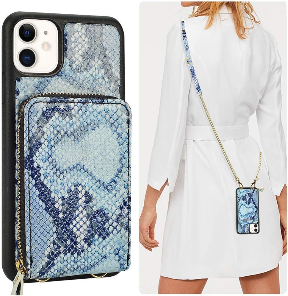 JLFCH iPhone 11 Wallet Case, iPhone 11 Crossbody Case with Zipper Credit Card Slot Holder Wrist Strap Lanyard Protective Cover Women Girl Purse for Apple iPhone 11 6.1 inch - Snake Grain Blue