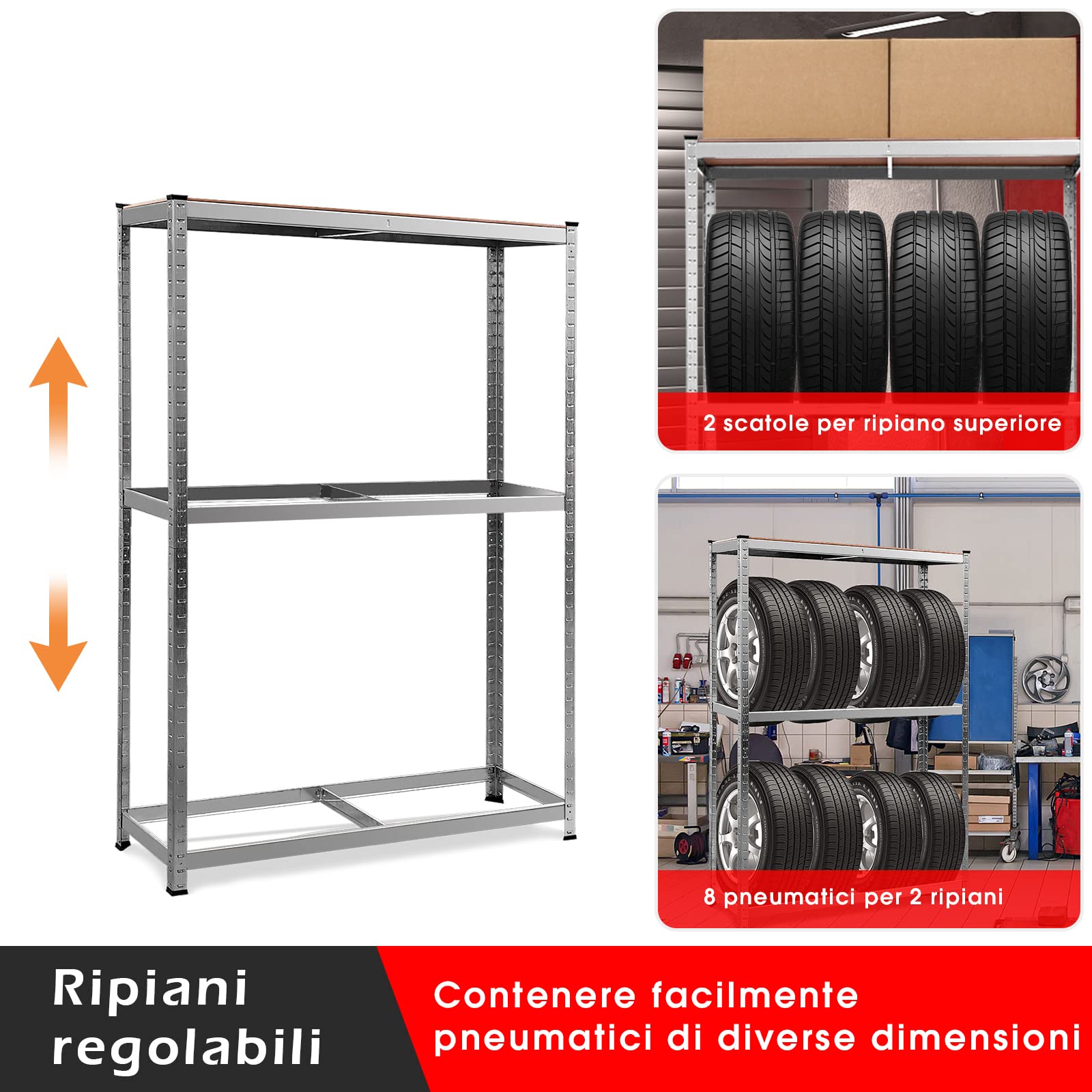 GYMAX Scaffale Porta Gomme Auto in Metallo, a 3 Ripiani, Portata di 265 kg/Strato, Supporto per 8 Pneumatici, Ideale per Officina, Garage, Magazzino, 180x40x120 cm