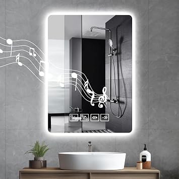 50×70cm Bluetooth Bathroom Mirror with Led Lights and Dual Touch Switch, Wall Mounted Vanity, Anti-fog, 3 Colors Dimmable Light, Rectangle Demister Mirror with Backlit Lights for Bathroom