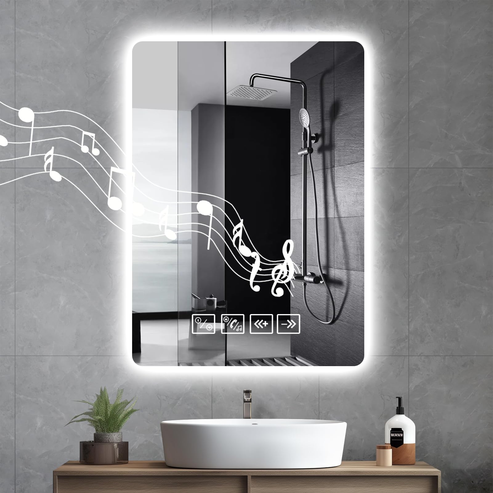 wowspeed Bathroom Mirror with LED Light, Square 70 * 50cm Bluetooth Bathroom Vanity Mirror, 3000K/4500K/6500K Dimmable Bluetooth Music LED Vanity Mirrors, Wall Mounted Smart Mirrors, Anti Fog