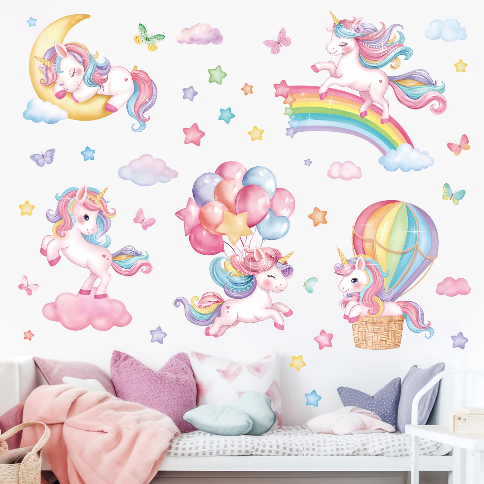 decalmile Pegatinas de Pared Unicornio Arcoíris Vinilos Decorativos Globos Aerostáticos Luna Nubes Adhesivos Pared Bebé Guardería Niños Dormitorio