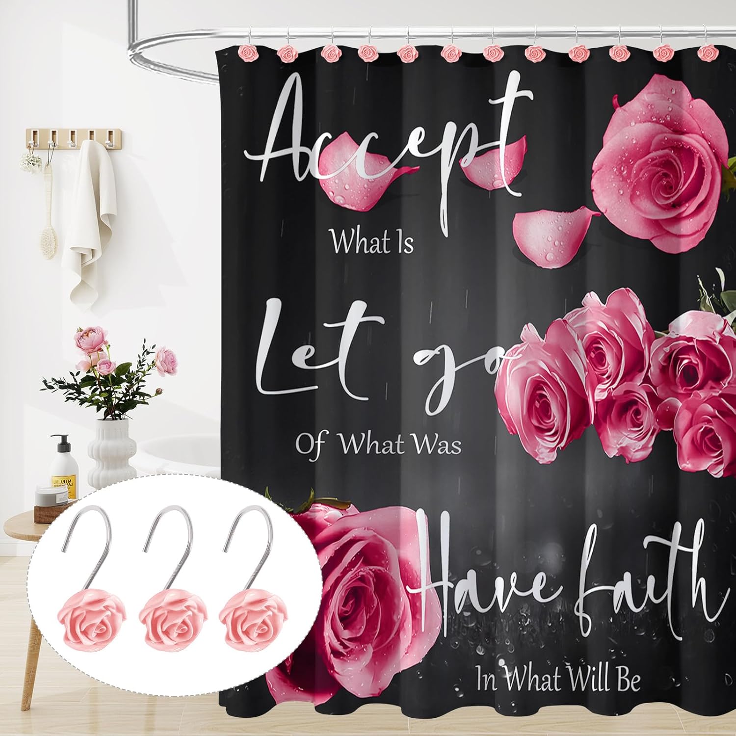 Rose Shower Curtain Hooks Set of 12, Bathroom Curtain Set 72" W x 72" L