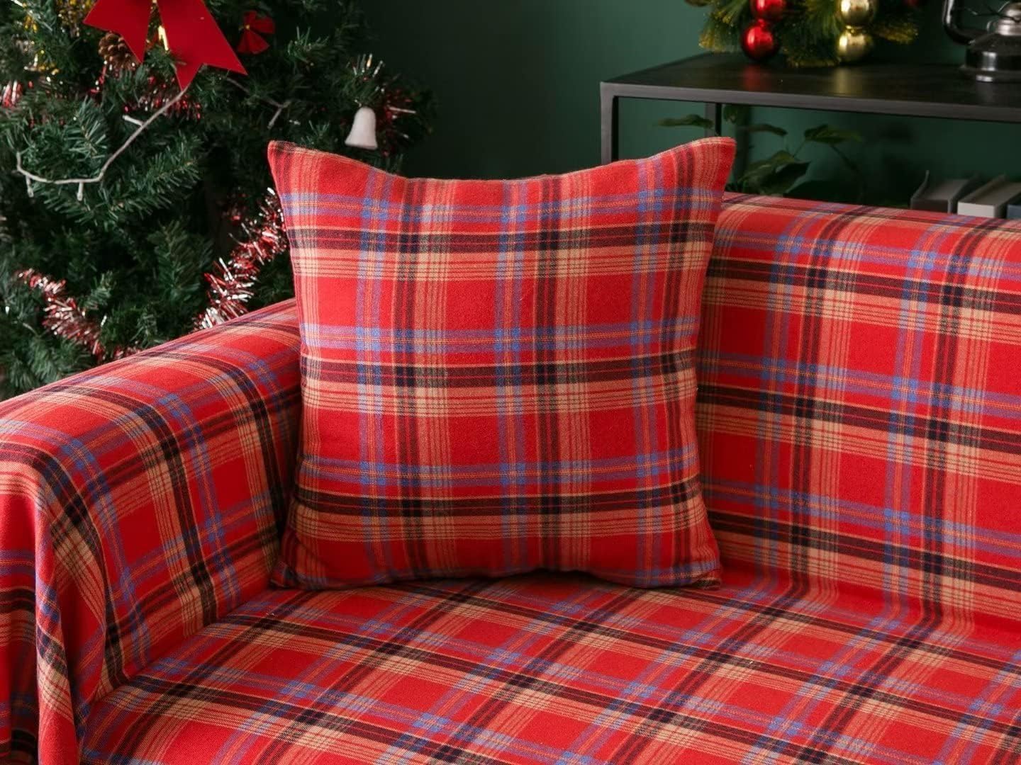 Christmas Couch Cover Red and Coffee Plaid Sofa Covers, Geometric Pattern Tassel Couch Elastic Sofa Protector, Cushion Couch Covers (Red,71''*90'')