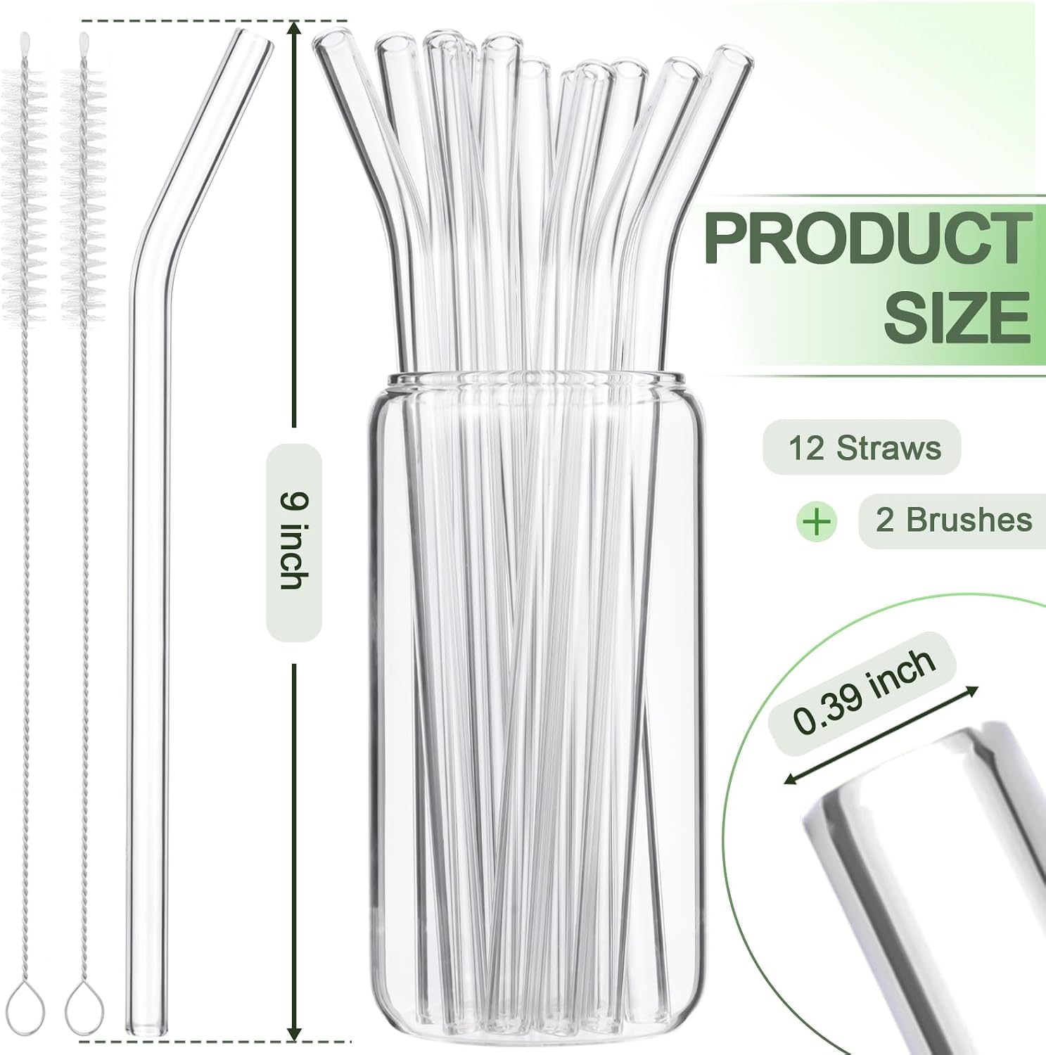 Yomarket 12 Pack Clear Glass Straws with 2 Cleaning Brushes, Glass Straws Shatter Resistant, Reusable Bent Drinking Straws 9" x 10 MM for Smoothies, Milkshakes, Tea, Juice, Iced Coffee