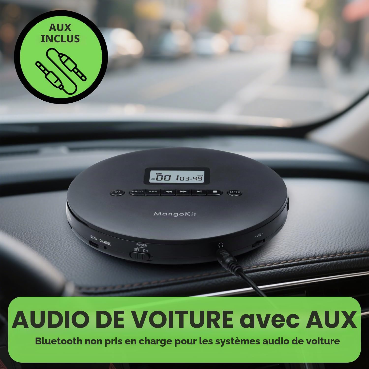 Lecteur CD portable MangoKit CD-X pour voiture avec Bluetooth 5.3, lecture MP3, écouteurs : lecteur CD personnel avec fonction antidérapante, batterie rechargeable