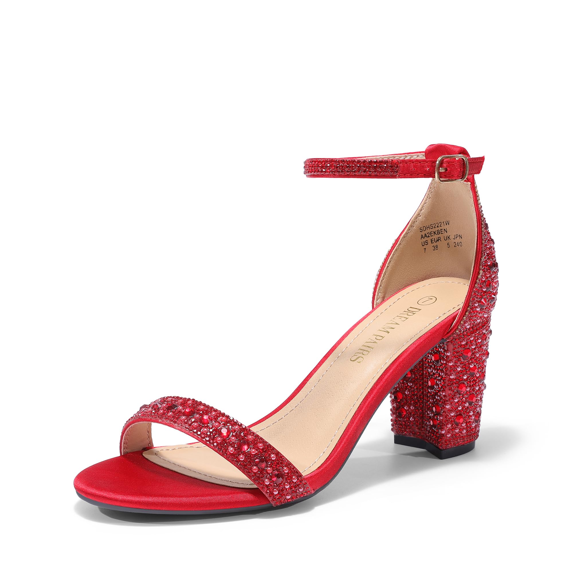 DREAM PAIRS Women's Chunk Low Heel Pump Sandals,Size 6.5,RED/Rhinestone,SDHS2221W