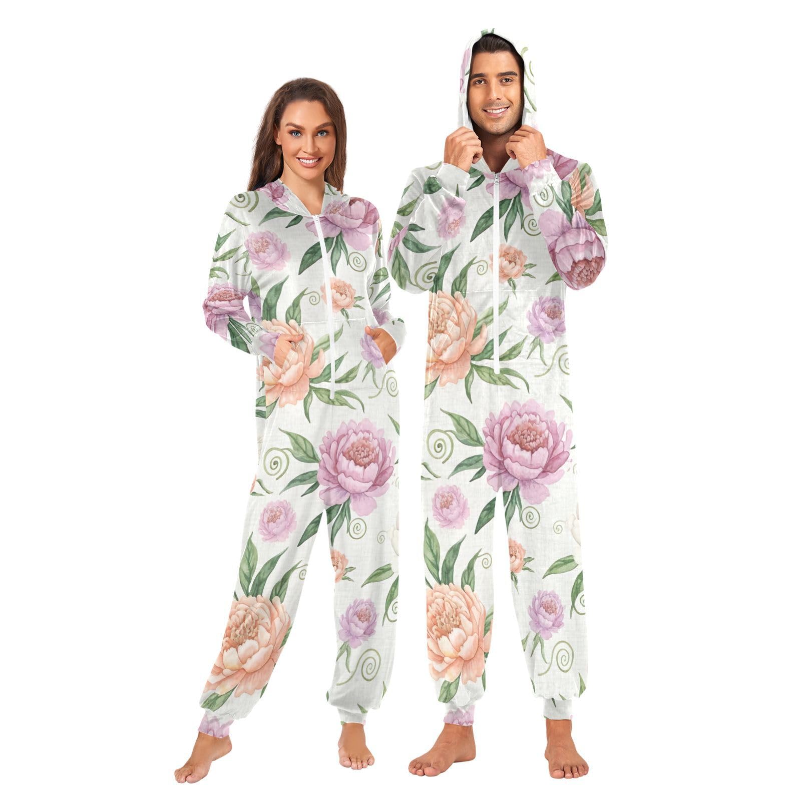 Tuta intera da uomo e donna con motivo floreale di peonia ad acquerello, colore crema