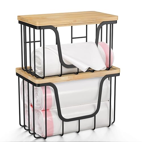 KONE Large Trash Bag Holder, 2 Pack Garbage Bag Dispenser, Storage Stackable Kitchen Organizer with Bamboo Top, Wall Mount Laundry Pantry Organization Black