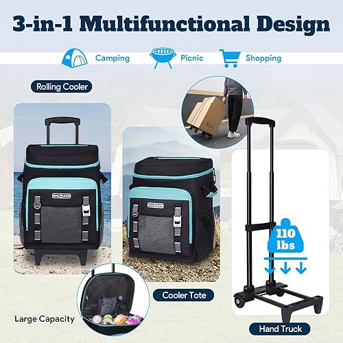 Miniatura 2 de INSMEER Cooler with Wheels and Handle, 80 Cans50L Rolling Cooler, Portable Soft Sided Cooler with Wheel, 2-in-1 Collapsible Trolley Cart, Large