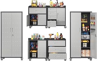 Garage Storage Cabinet System,Wall Cabinet & Locking Rolling Tool Cabinet with Doors and Adjustable Shelves