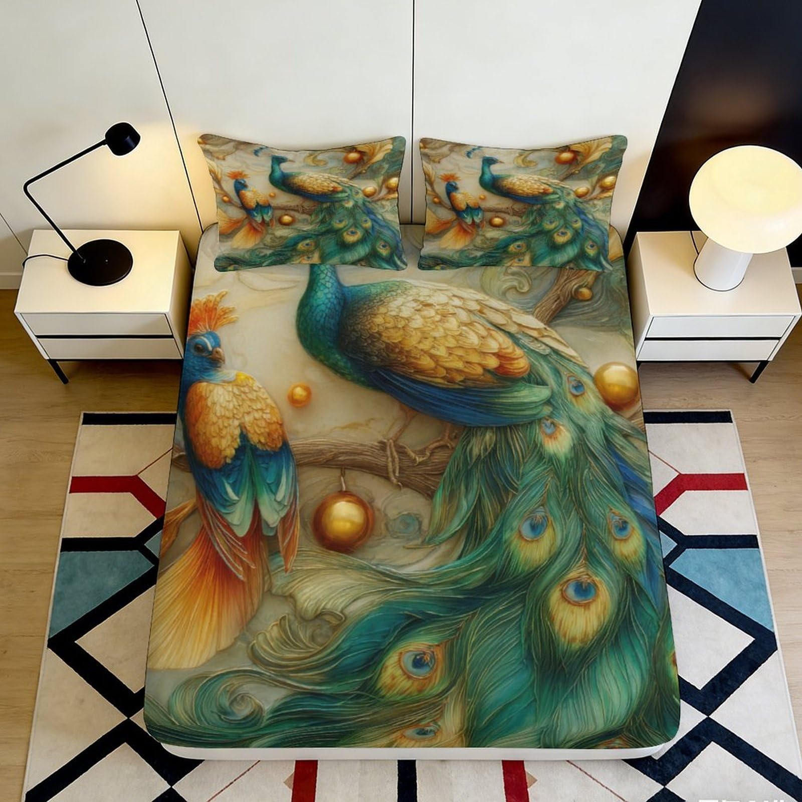 Pnayamiorkfel Style-7 3D Printed Peacock Art Fitted Sheet Microfiber Soft Decor Bird Feather Mattress Cover For Bedroom Guest Room 90X200x25cm