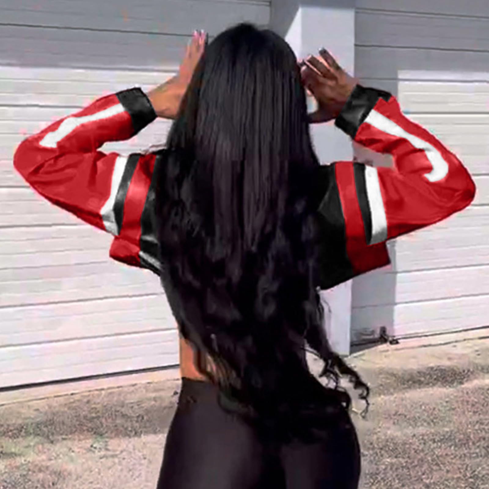Vestes en cuir élégantes pour femme - Couleur bloquée - Veste de moto brodée - Manteau étroit en cuir synthétique pour les loisirs