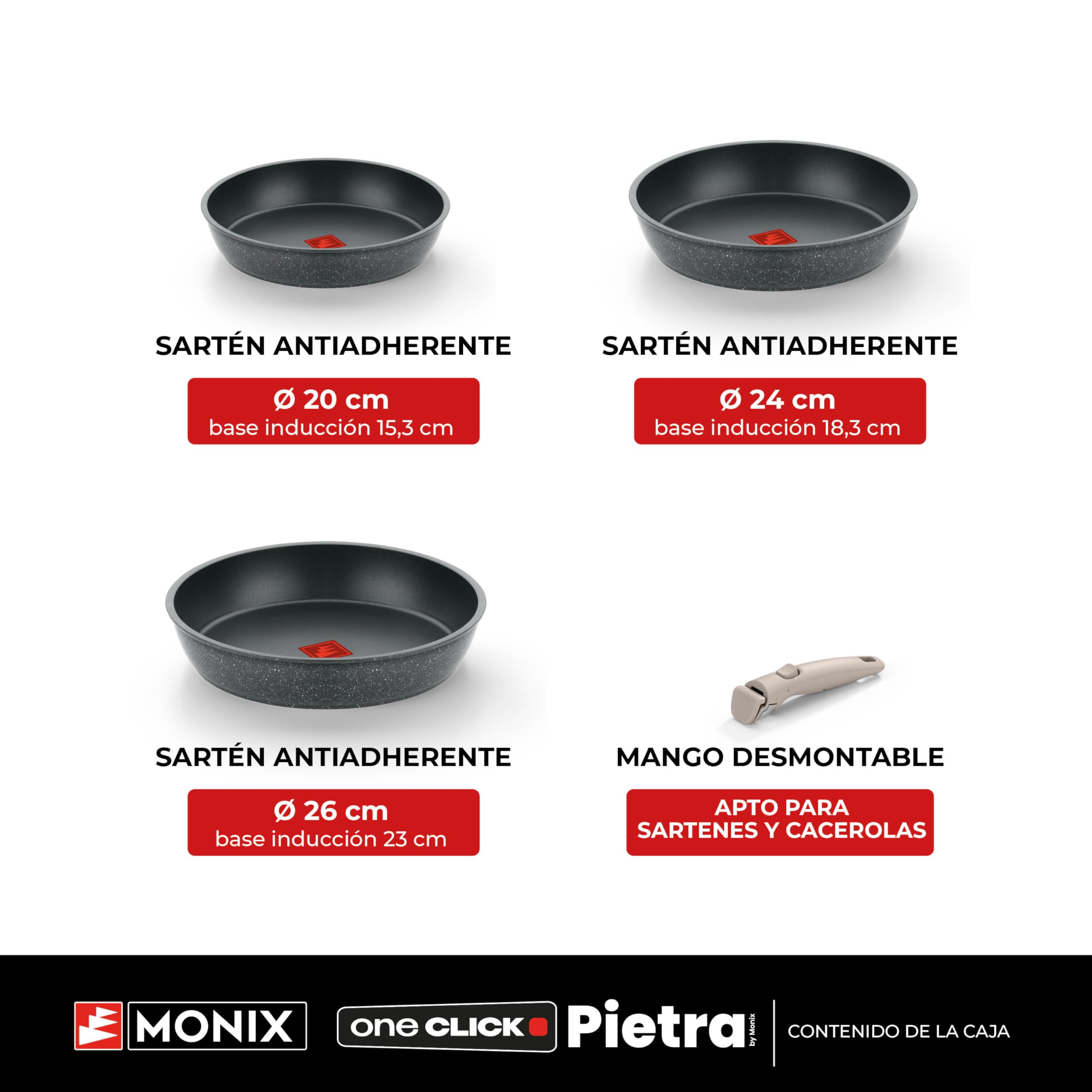 Monix One Click Pietra | Set 3 sartenes apilables, 20-24-26 cm, Antiadherentes, Mango desmontable, Indicador Temperatura Thermonix, Sin PFOA, Apta para todo tipo de Cocinas
